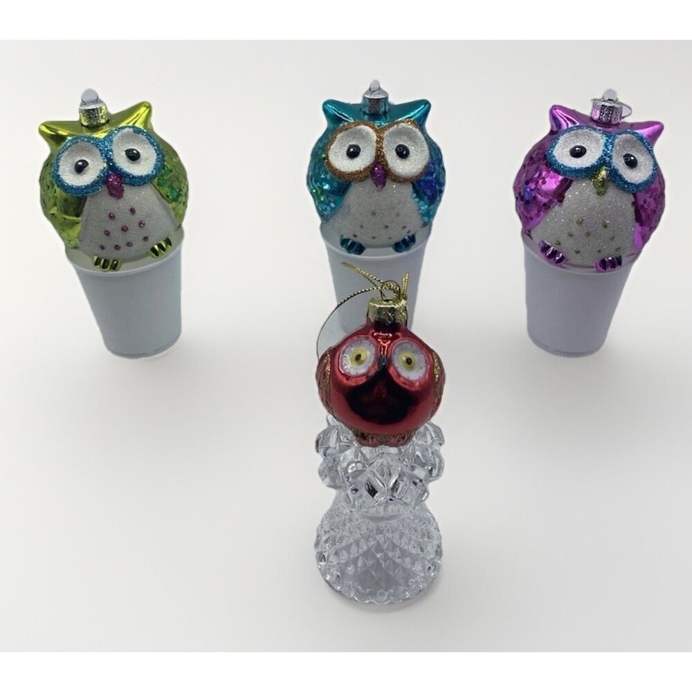 Set of 4 Owl Christmas Ornaments Glass Owls Holiday Tree Decor Woodland